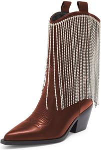 Женские ботильоны Maiyang с заостренным носом, блестящими стразами и бахромой, на низком массивном каблуке, ковбойского стиля, удобные модные западные ботинки, размеры US 4-16, Sienna