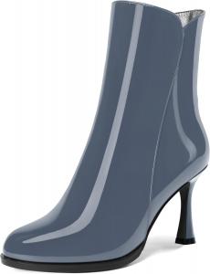 Женские ботильоны на высоком каблуке 3,3 дюйма с круглым носком, молнией и лакированной кожей, свадебное платье DEMOSHINE, Midnight Blue