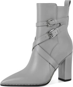 Женские ботильоны AUMOTED с заостренным носком, украшенные бисером, массивным каблуком 3,5 дюйма, с боковой молнией, вестерн-стиль, Matte Grey