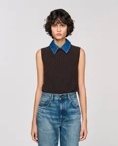 Женский свитер из трикотажа и денима Sandro, коричневый