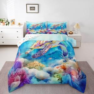 Erosebridal Комплект постельного белья Sea Turtle Queen с морскими животными и кораллами в голубых тонах, Cyan Teal Blue