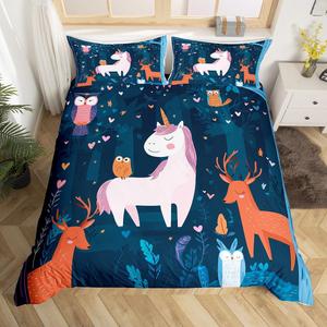 Erosebridal Комплект постельного белья с мультяшными единорогами, совами и оленями в стиле джунглей для детей и подростков, Blue Orange