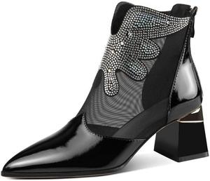 Женские ботильоны TinaCus ручной работы из лакированной кожи с сеткой и стразами, сзади на молнии, с острым носком и средней массивной подошвой, Black