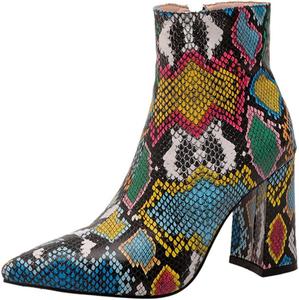 Женские ботильоны CoceMoce Classic с высоким толстым каблуком, змеиный принт, зауженный носок, короткие ботинки с молнией, осенне-зимняя обувь для офиса и вечеринок, Colorful Snakeskin