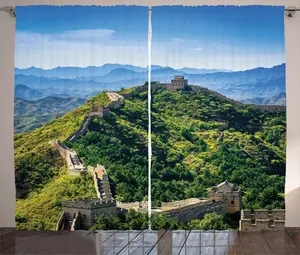 Шторы ABAKUHAUS в китайском деревенском стиле Великая Китайская стена, универсальные ленточные шторы для гостиной с петлями и крючками, 280 x 225 см, бежево-зеленый и синий Abakuhaus