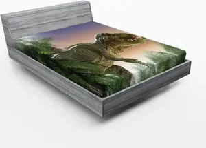 Простыня на резинке ABAKUHAUS Динозавры в джунглях, Деревья, лес, природа, жуткое насилие хищников, 135 x 190 см, зеленый, синий, персиковый Abakuhaus