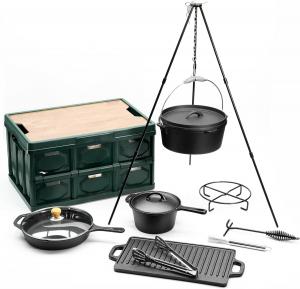Набор посуды для кемпинга LOCEHNGY чугунный с жаровней, кастрюлей на 4,3 л с крышкой, кастрюля на 2 л с крышкой, кастрюли 25 см, набор сковородок для гриля, 8 предметов, черный