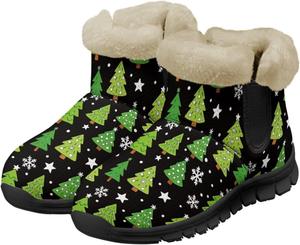 Женские ботильоны с противоскользящей подошвой, зимние ботинки с меховой подкладкой, уютные теплые домашние зимние обувь Chririnla, Cartoon Christmas Tree Print