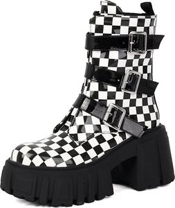 Женские ботильоны на платформе с массивным каблуком, на танкетке, с боковой молнией, средней высоты, в клетку, для рейва, мотоциклетные боевые панк-сапоги Generic, Patent Leather