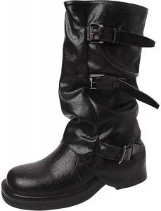 Женские сапоги ZQW до колена, с пряжкой, квадратным носком, складкой, готические, с массивной платформой, средней голенью, на блочном каблуке, вестерн, Black