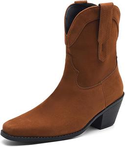 Женские замшевые ковбойские ботильоны DEERBUNNY в стиле вестерн с низким массивным каблуком и квадратным носком, осенние короткие ковбойские ботинки, Brown