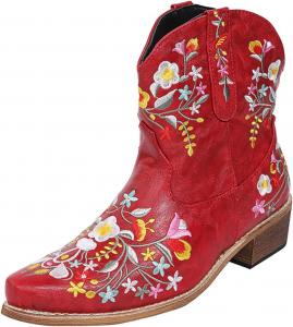 Вестерн ковбойские ботильоны для женщин, средние голени, короткие сапожки с вышивкой, округлый носок, массивный низкий каблук FOBOINED, Red-03