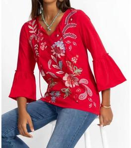 Футболка с оборками на рукавах Johnny Was, красный