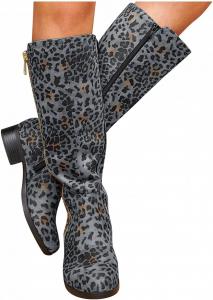 Женские сапоги Bcshiye до середины икры, с круглым носком, низким каблуком, удобные, с леопардовым принтом, боевые, мотоциклетные с боковой молнией