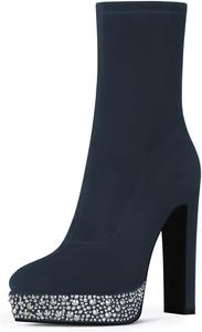 Женские модные ботильоны YDN, заостренный носок, украшенные заклепками, на платформе с широким каблуком, боковая молния, для вечеринок, вечера и шопинга, размеры 4-16 US, Dark Blue