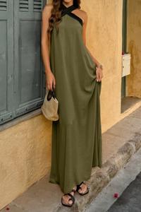 Длинное платье А-силуэта с открытыми плечами и однотонной строчкой Truedames, оливковый