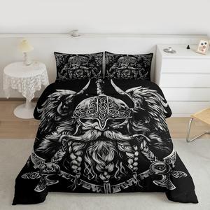 Erosebridal Комплект постельного белья Ancient Viking в скандинавском стиле с этническим принтом, White & Black