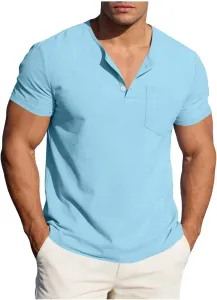 Мужская хлопковая льняная футболка henley с коротким рукавом