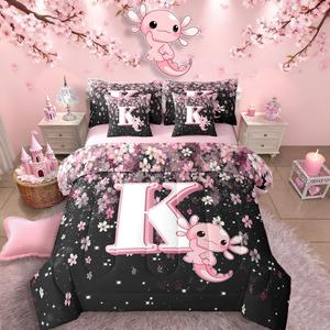 Erosebridal Комплект постельного белья Pink Axolotl с дизайном инициалов в стиле сакуры для девочек, Pink K