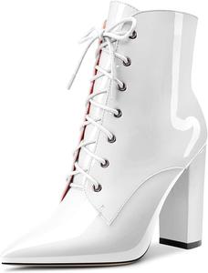 Женские ботильоны Aachcol, короткие ботинки с закрытым заостренным носком, на массивном высоком каблуке, лакированные, на шнуровке, каблук 4 дюйма, White