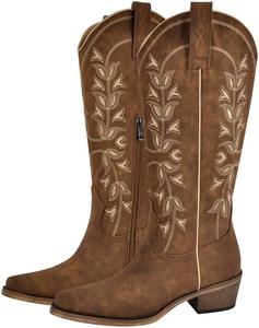 Женские ковбойские сапоги Richealnana в западном стиле с острым носком, вышивкой и застежкой-пуллоном, выше колена, Brown-C