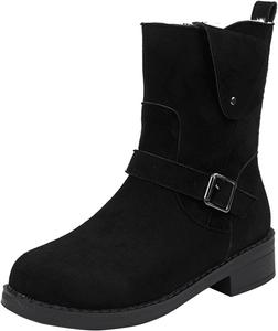 Сапоги Oiangi для женщин с невысоким каблуком, до середины голени, зимние, с круглым носком, с плюшевой подкладкой, теплые, с пряжкой на ремне, боковой молнией, массивным каблуком, однотонные, удобные, повседневные, Black