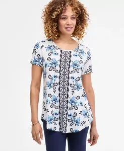 Женский топ с коротким рукавом и круглым вырезом, принт JM Collection, синий