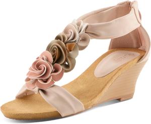 Женские сандалии на танкетке PATRIZIA HARLEQUIN с ремешком на щиколотке и T-образным ремешком - Цветочный дизайн, мягкая стелька, застежка на молнии сзади, Peach