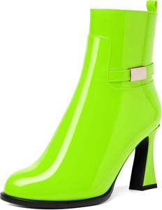 Ботинки NUMALEO Womens Sexy Patent Zip Metal Ankle Strap Night Club Round Toe Block High Heel Ankle High Boots 3.3 Inch, Lime Green