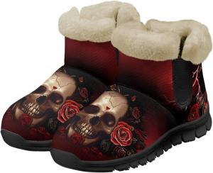 Сапожки с черепом для женщин и мужчин, водонепроницаемые, теплые, пушистые, ботильоны на зиму, для улицы, против скольжения, размеры США 6-12 Pointodoor, Skull Rose