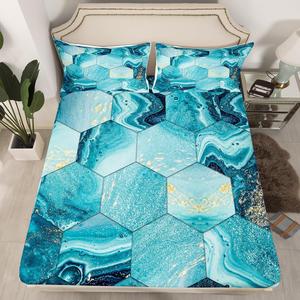 Erosebridal Комплект постельного белья Blue Marble с мраморным принтом и акварельным узором в синих тонах, Multi 18
