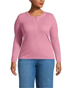 Футболка-поло с длинными рукавами и струящейся ребристой текстурой, облегающего кроя, больших размеров Lands' End, Soft english rose