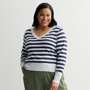 Свитер V-образным вырезом Plus size Sonoma Goods For Life, Gray Blue Stripe