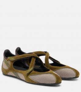 Балетки Floor 01 из замши и сетки The Attico, Millitary Green