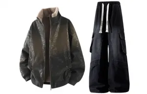 Повседневная спортивная одежда унисекс с воротником стойкой утепленная X1617, coffee jacket puffer jacket+черный pants