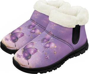 Детские зимние ботинки для девочек и мальчиков, утепленные, с меховой подкладкой, водонепроницаемые, легкие, противоскользящие Chririnla, Aesthetic Purple Butterfly