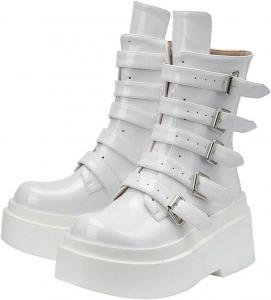 Женские ботинки на платформе и каблуке-подошве Parisuit с пряжкой, готические массивные ботильоны из лаковой кожи, панк-боевые ботинки средней длины, White