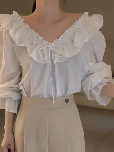 Блузка с оборками на воротнике и объемными рукавами, женская блузка Doux Belle, цвет White