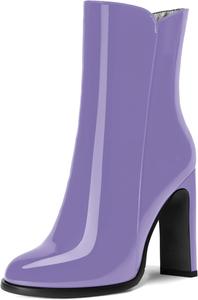 Женские офисные ботинки ROSERWISH на молнии, с классическим округлым носком, лакированной отделкой, высокими блочными каблуками и средним голенищем, 4 дюйма