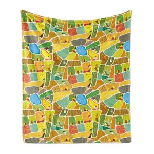 ABAKUHAUS Пейзаж Мягкое фланелевое флисовое одеяло, элементы деревенского узора в деревенском эскизе с фермами, деревьями, домами и озером, 175 x 230 см, разноцветные