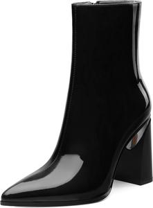 Женские ботильоны, 3,5 дюйма с заостренным носком, лакированные ботильоны на высоком каблуке, короткие ботинки с массивным каблуком и боковой молнией Heisnemca, Black Patent