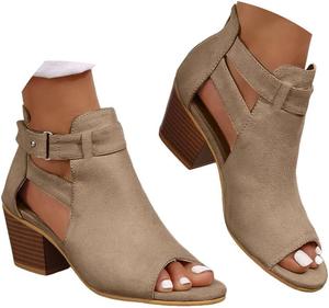 Generic Женские ботильоны с открытым носком, босоножки с вырезами в богемном стиле, сзади молния, на устойчивом каблуке, вечерние удобные сексуальные замшевые босоножки на толстом каблуке, с ремешками на липучке