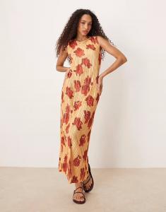 Платье макси ASOS DESIGN без рукавов с косым вырезом, оранжево-красным цветочным принтом - МУЛЬТИ