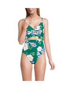Женский слитный купальник-монокини с длинным запахом и высоким вырезом для ног Lands' End, Island emerald petunia floral