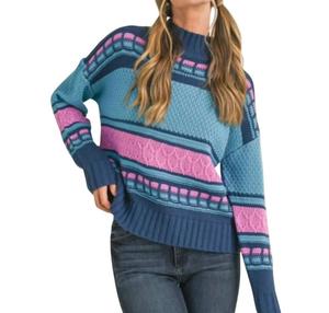 Вязаный свитер с высоким воротником и косой вязкой в темно-синем цвете &merci