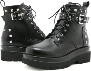 Женские ботильоны на платформе с круглым носком, боковой молнией, боевые ботинки с пряжкой, массивной платформой, готические ботильоны с заклепками CPMBFDC, Black-C