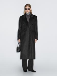 Длинное двубортное пальто из 100% шерсти Massimo Dutti, черный