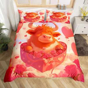 Erosebridal Комплект постельного белья Highland Cow с розовым цветочным принтом и дизайном в виде лент и сердец, Brown Pink