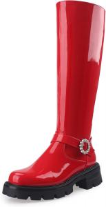 О, Mispares Женские сапоги до колена с круглым носом, массивным каблуком и рифленой подошвой, высокие ботинки для верховой езды с ремешком на щиколотке, искусственная кожа, милые осенне-зимние платья, мотообувь с каблуком 5 см Oh Mispares, Red
