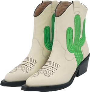 Женские ковбойские ботинки с вышивкой кактусов, ковбойские ботильоны с заостренным носком, короткие вестерн-ботинки на низком массивном каблуке HoanTiai, White